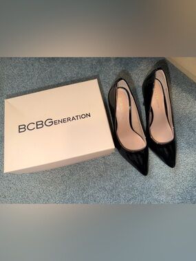 BCBGeneration Black Patent Pointed Toe Pumps